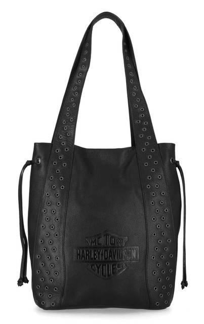 Harley-Davidson Women's Eyelet Embossed Bar & Shield Leather Tote Bag, Black - Wisconsin Harley-Davidson
