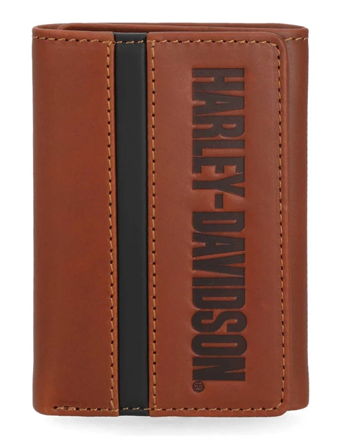 Harley-Davidson Men's H-D Center Block Tri-Fold Genuine Leather Wallet, Cognac - Wisconsin Harley-Davidson
