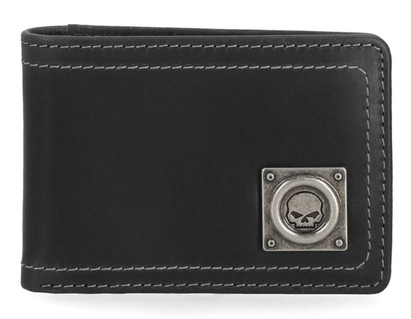 Harley-Davidson Men's Willie G Skull Stitch Front Pocket Leather Wallet, Black - Wisconsin Harley-Davidson