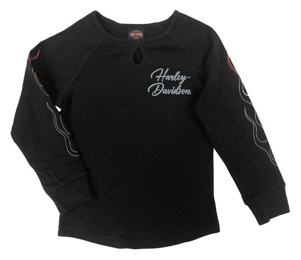 Harley-Davidson Little Girls' Glittery H-D Keyhole Long Sleeve Tee, Black - Wisconsin Harley-Davidson