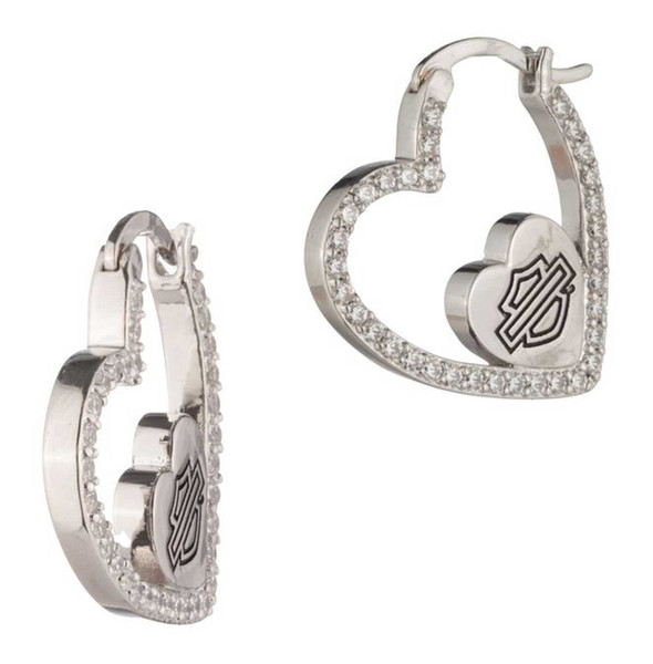 Harley-Davidson Womens Crystal Heart Bar & Shield Hoop Earrings, Sterling Silver - Wisconsin Harley-Davidson