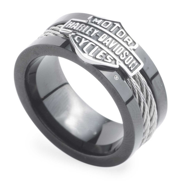Harley-Davidson® Men's Bar & Shield Steel Cable Band Ring, Black
