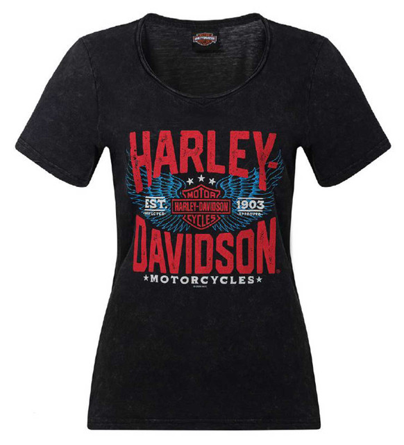 Harley-Davidson Women's Takeoff Distressed Short Sleeve Tee, Black Acid Wash - Wisconsin Harley-Davidson