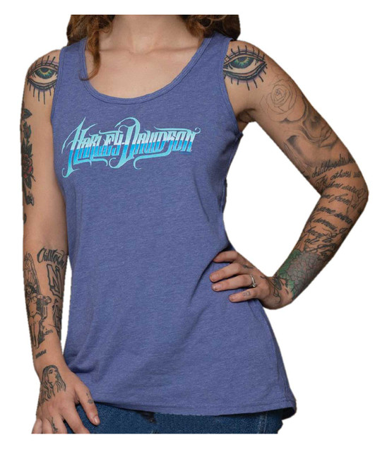 Harley-Davidson Women's Blue Chrome Sleeveless Fullback Tank Top, Neptune Blue - Wisconsin Harley-Davidson