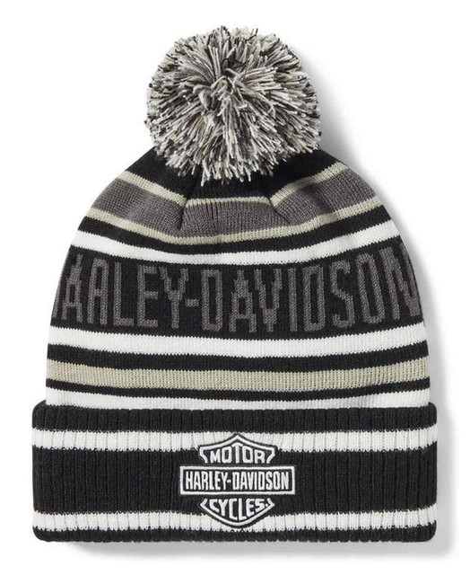 Harley-Davidson Men's Striped Pom Knit Winter Beanie, Black 97772-25VX - Wisconsin Harley-Davidson