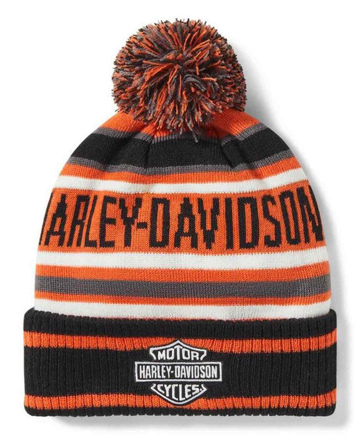 Harley-Davidson Men's Striped Pom Knit Winter Beanie, Orange 97773-25VX - Wisconsin Harley-Davidson