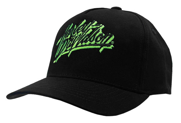 Harley-Davidson Men's Ghosted Script Stretch Fit Baseball Hat, Black/Green - Wisconsin Harley-Davidson