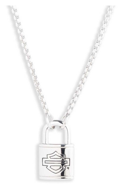 Harley-Davidson Women's 16in Bar & Shield Lock Pendant Necklace, Sterling Silver - Wisconsin Harley-Davidson