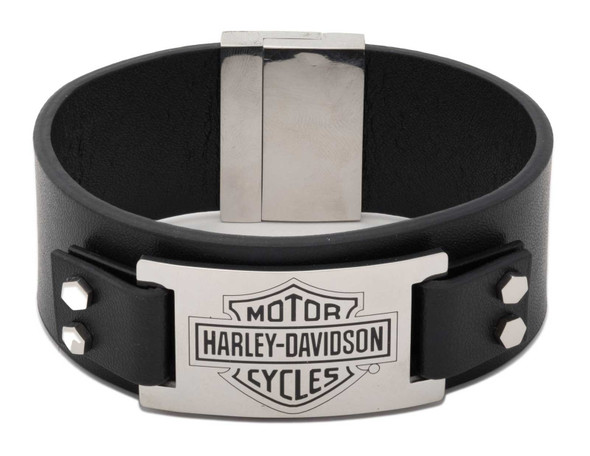 Harley-Davidson Men's 9 in. Bar & Shield Logo Thick Leather Cuff Bracelet, Black - Wisconsin Harley-Davidson