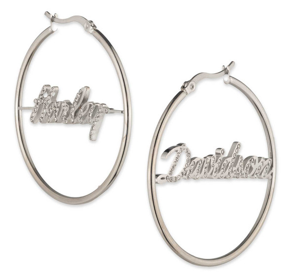 Harley-Davidson Women's Cursive HD Script Mismatch Crystal Hoop Earrings, Silver - Wisconsin Harley-Davidson