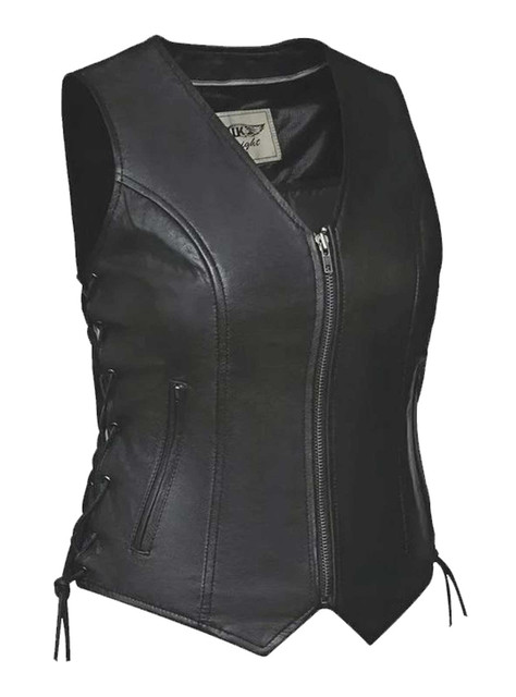 Derringer Ladies Mae Zippered Cowhide Leather Vest w/ Side Laces, Solid Black - Wisconsin Harley-Davidson