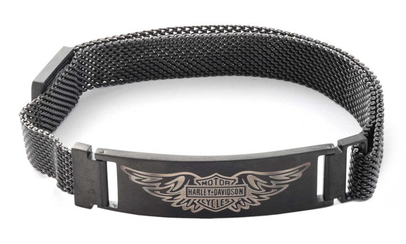 Harley-Davidson Men's Etched Bar & Shield Mesh Stainless Steel Bracelet, Black - Wisconsin Harley-Davidson