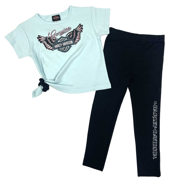 Harley-Davidson Little Girls' 2 Piece Toddler Pant Set w/ Hair Tie, Teal/Black - Wisconsin Harley-Davidson
