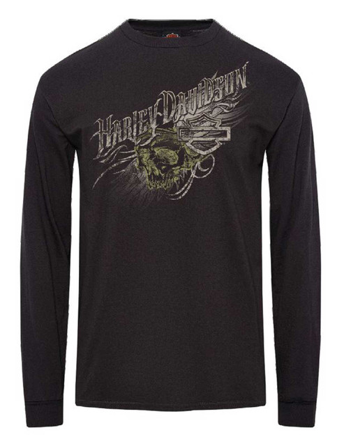 Harley-Davidson Men's Distressed Slash Long Sleeve Cotton Shirt, Solid Black - Wisconsin Harley-Davidson