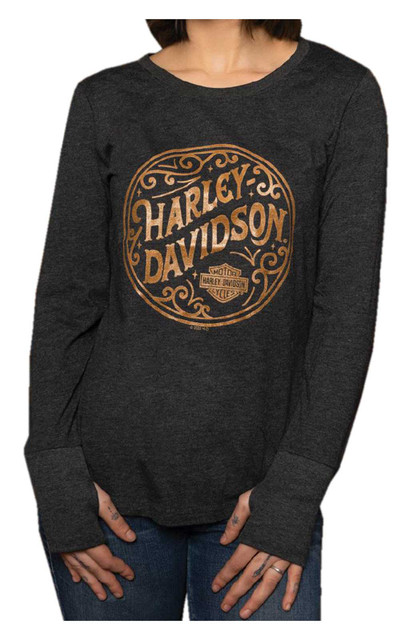 Harley-Davidson Women's Mystical Metallic Long Sleeve Shirt w/ Thumbholes, Black - Wisconsin Harley-Davidson