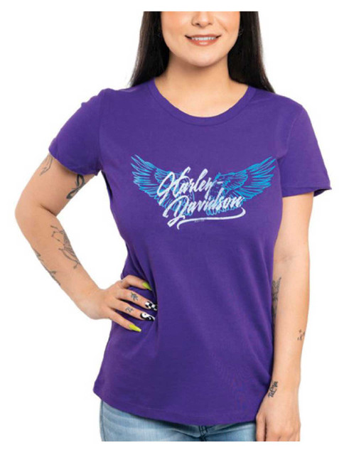 Harley-Davidson Women's More Wings Short Sleeve Crew Neck Cotton Tee, Purple - Wisconsin Harley-Davidson