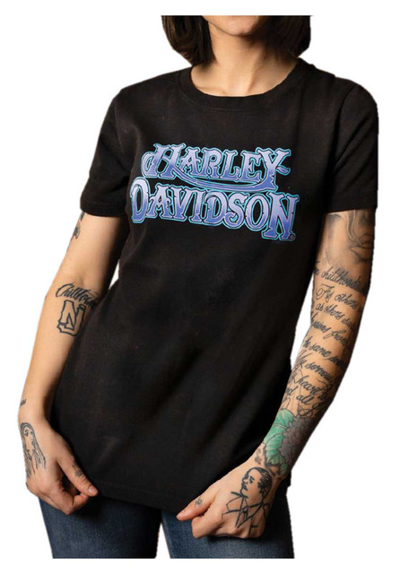 Harley-Davidson Women's Old School Crew-Neck Short Sleeve Tee, Black Acid Wash - Wisconsin Harley-Davidson