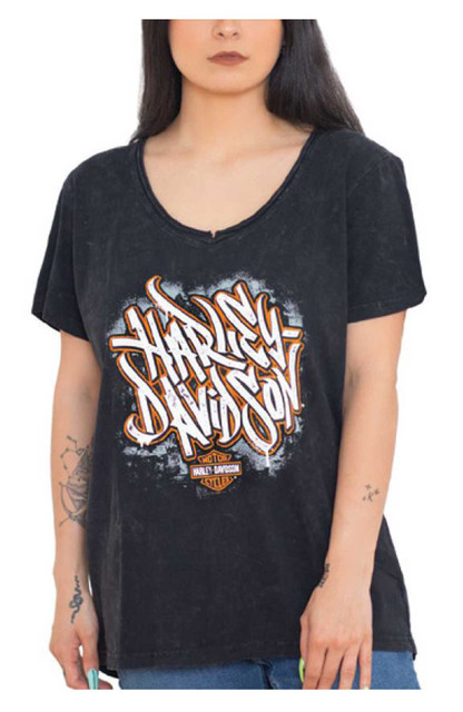 Harley-Davidson Women's Graffiti Raw-Edge V-Neck Short Sleeve Tee, Black Wash - Wisconsin Harley-Davidson