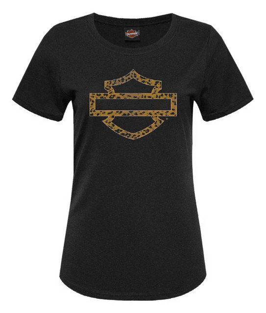 Harley-Davidson Women's Leopard Bling Short Sleeve Curved Hem Tee, Black - Wisconsin Harley-Davidson