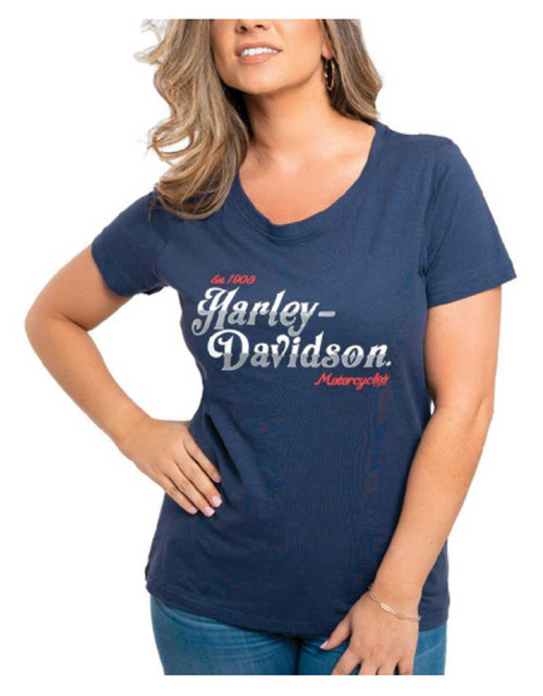 Harley-Davidson Women's Fancy Retro Metallic Short Sleeve Cotton Tee, Indigo - Wisconsin Harley-Davidson
