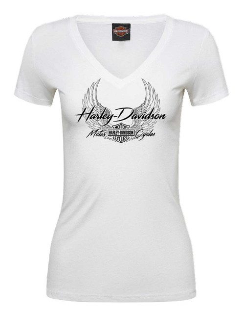 Harley-Davidson Women's Charm Short Sleeve V-Neck Poly-Blend Tee, White - Wisconsin Harley-Davidson