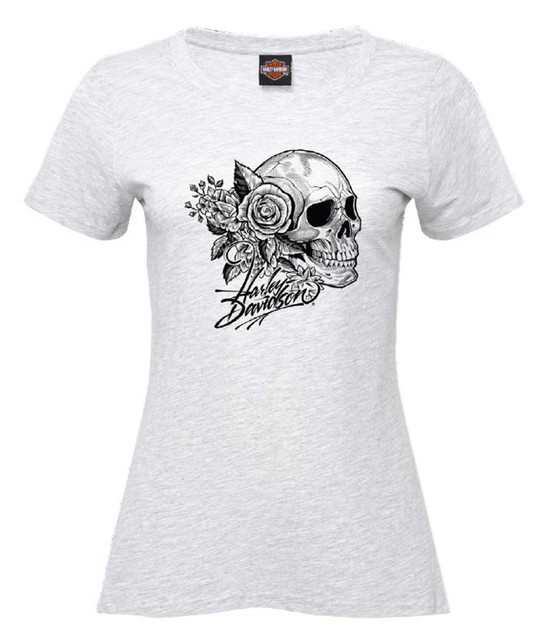 Harley-Davidson Women's Reverence Curved Hem Short Sleeve Tee, Heather White - Wisconsin Harley-Davidson