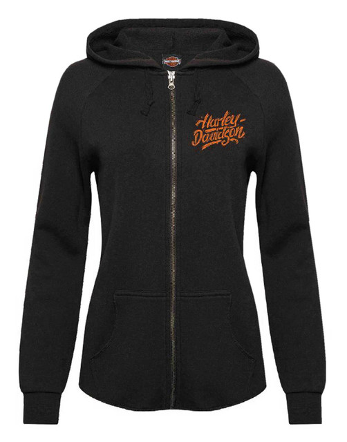 Harley-Davidson Women's Urban Curved Bottom Hem Zip-Up Hoodie, Solid Black - Wisconsin Harley-Davidson
