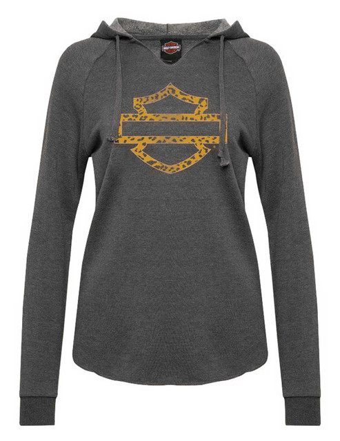 Harley-Davidson Women's Wild Raw-Edge Curved Hem Pullover Hoodie, Gray - Wisconsin Harley-Davidson