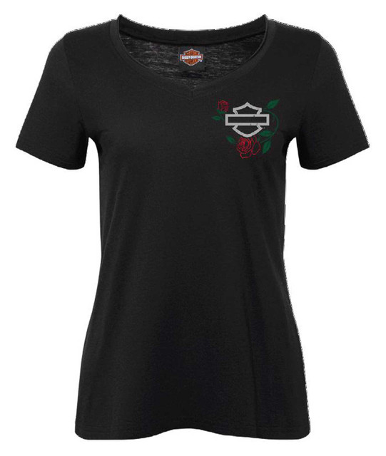 Harley-Davidson Women's Thicket Foil V-Neck Short Sleeve Raw-Edge Tee, Black - Wisconsin Harley-Davidson