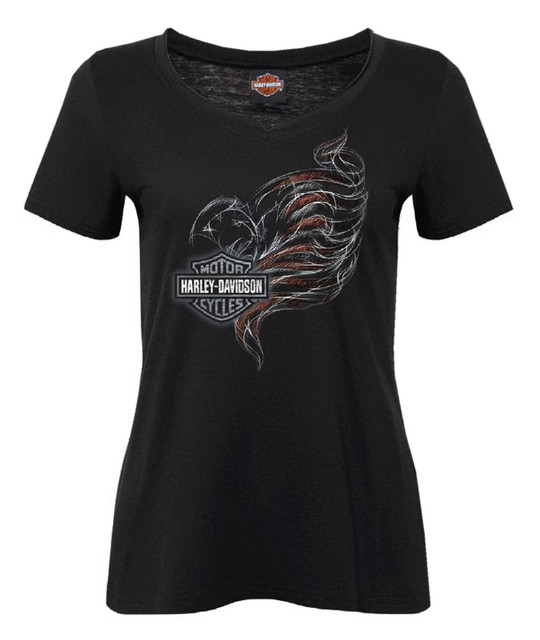 Harley-Davidson Women's Saga Patriotic V-Neck Short Sleeve Raw-Edge Tee, Black - Wisconsin Harley-Davidson