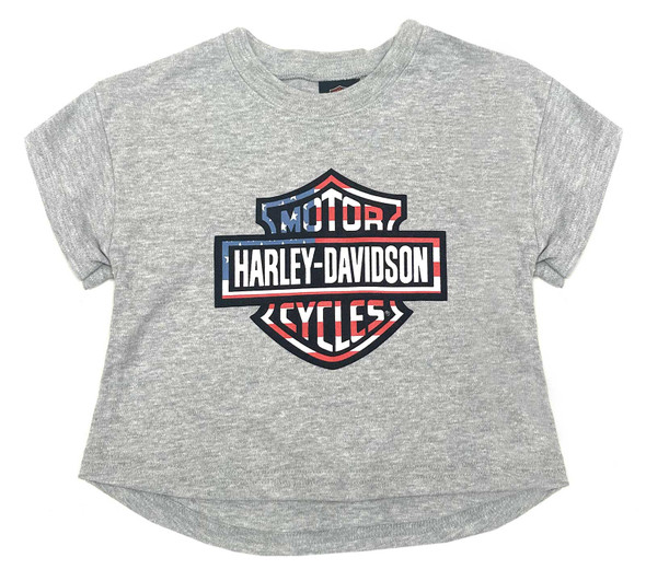 Harley-Davidson Girls Stars & Stripes B&S Boxy Short Sleeve Tee, Athletic Heather - Wisconsin Harley-Davidson