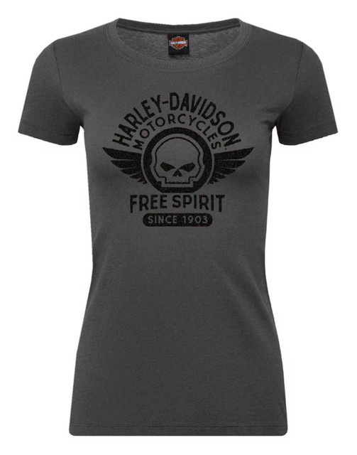 Harley-Davidson Women's Glittery Skully Crew-Neck Short Sleeve Tee, Dark Gray - Wisconsin Harley-Davidson