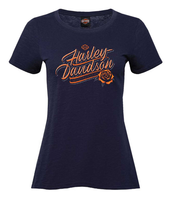 Harley-Davidson Women's Rosebud Foil Scoop Neck Short Sleeve Tee, Indigo - Wisconsin Harley-Davidson