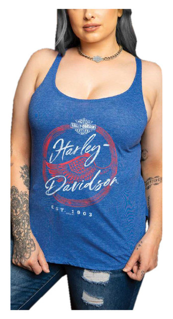 Harley-Davidson Women's Painterly Sleeveless Fullback Tank Top, Royal Blue - Wisconsin Harley-Davidson