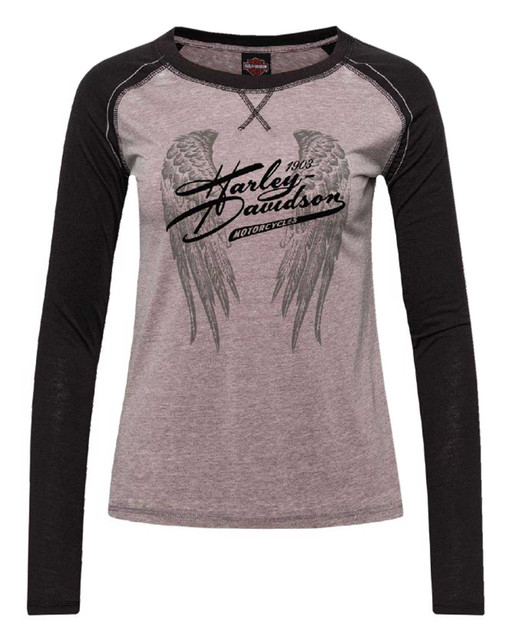 Harley-Davidson Women's Titanium Curved Hem Long Sleeve Raglan Tee, Gray/Black - Wisconsin Harley-Davidson