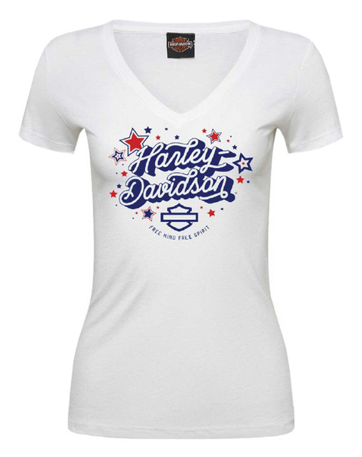 Harley-Davidson Women's Spangled Patriotic V-Neck Short Sleeve Tee, White - Wisconsin Harley-Davidson