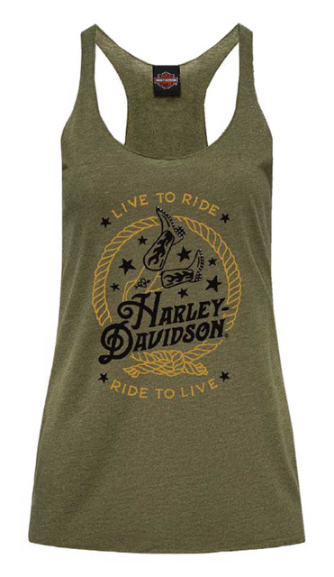 Harley-Davidson Women's Yee Haw Rhinestone Sleeveless Racerback Tank Top, Green - Wisconsin Harley-Davidson