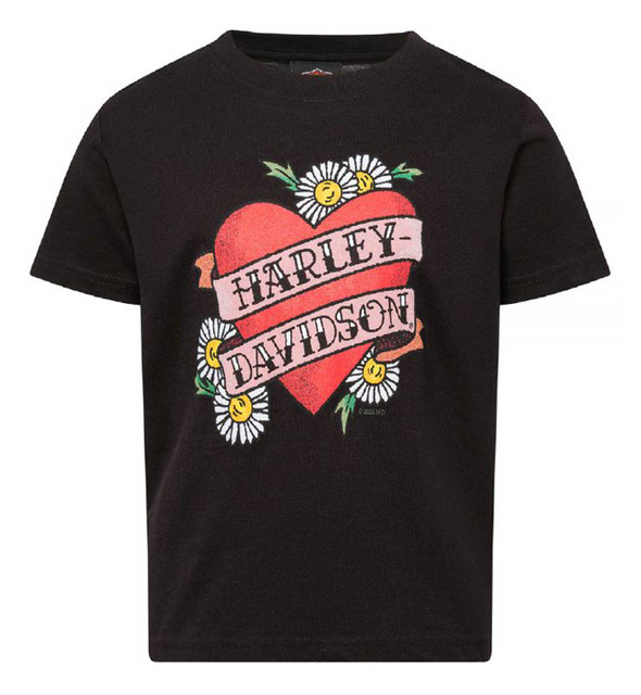Harley-Davidson Girl's Lovely Heart Toddler Short Sleeve Cotton T-Shirt, Black - Wisconsin Harley-Davidson