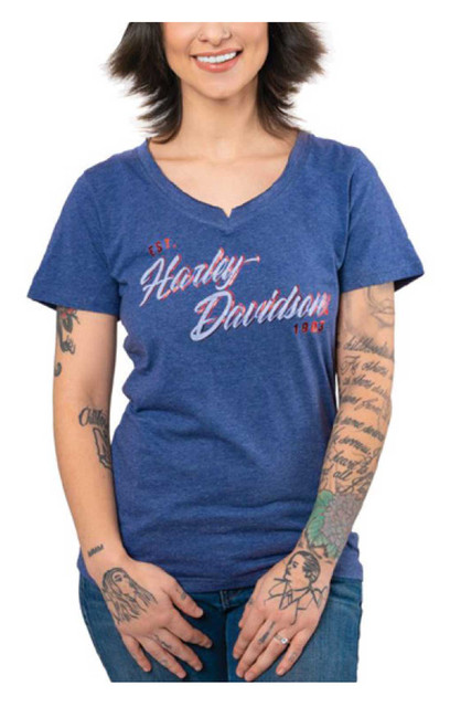 Harley-Davidson Women's Foil Worthy Script V-Neck Short Sleeve Tee, Navy - Wisconsin Harley-Davidson