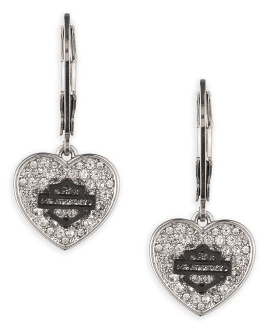 Harley-Davidson Women's Pave Crystal Bar & Shield Heart Drop Earrings, Silver - Wisconsin Harley-Davidson