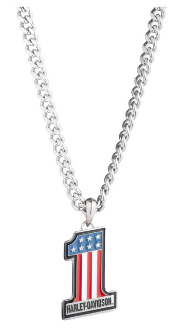Harley-Davidson Men's #1 RWB Logo Pendant Chain Necklace, Silver Finish - Wisconsin Harley-Davidson