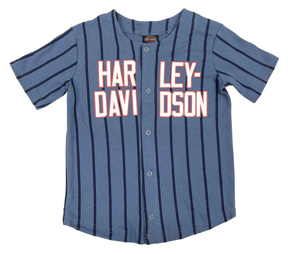 Harley-Davidson Boys' Striped Button Short Sleeve Baseball Shirt, Blue - Wisconsin Harley-Davidson