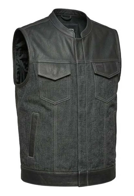 UNIK Men's Hybrid White Cotton Denim & Cowhide Leather Club Motorcycle Vest - Wisconsin Harley-Davidson