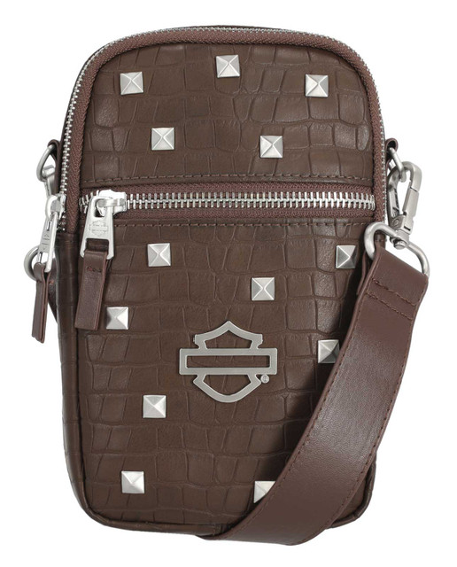 Harley-Davidson Women's Croco Embossed Adjustable Crossbody Purse, Brown - Wisconsin Harley-Davidson