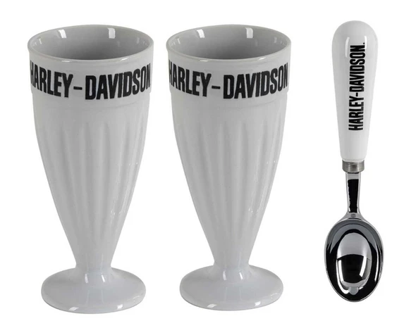 Harley-Davidson Set of Two 12 oz. Ceramic Ice Cream Cups & Spoon Set, White - Wisconsin Harley-Davidson