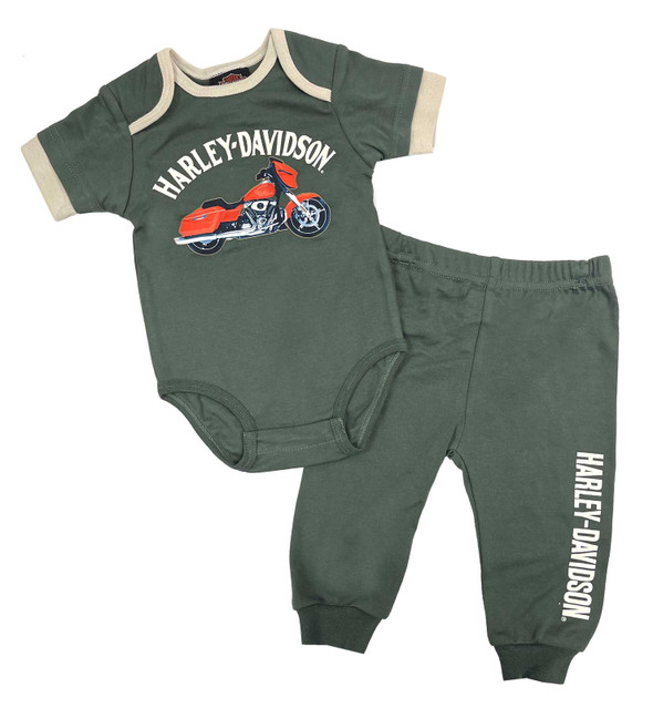 Harley-Davidson Baby Boys' Knit Mock Doubler Creeper & Pant Newborn Set, Green - Wisconsin Harley-Davidson