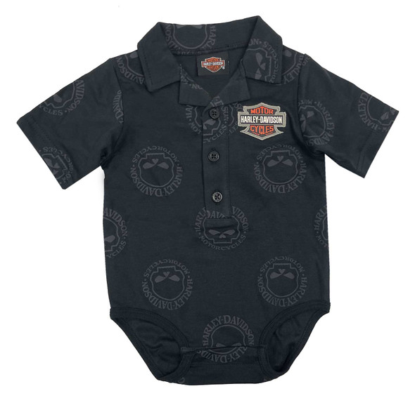 Harley-Davidson Baby Boys' Willie G Skull Newborn Knit Printed Collared Creeper - Wisconsin Harley-Davidson
