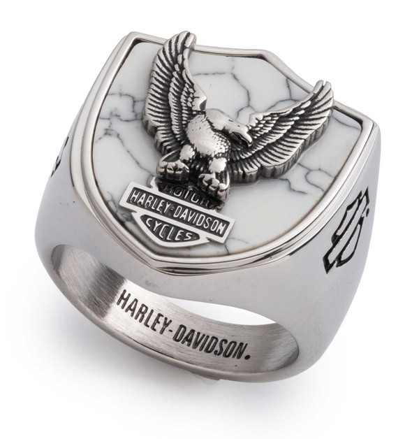 Harley-Davidson Men's Flying Eagle Howlite Stone Stainless Steel Crest Ring - Wisconsin Harley-Davidson