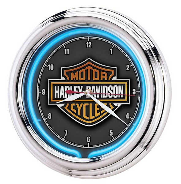 Harley-Davidson Essential Bar & Shield Blue Neon Clock, 12 in Diameter HDL-16675 - Wisconsin Harley-Davidson