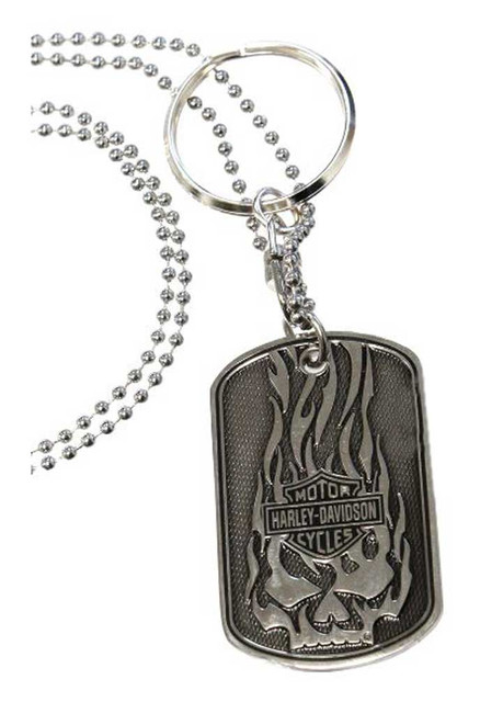 Harley-Davidson® Flaming Willie G Skull Skull Dog Tag, Chain & Key
